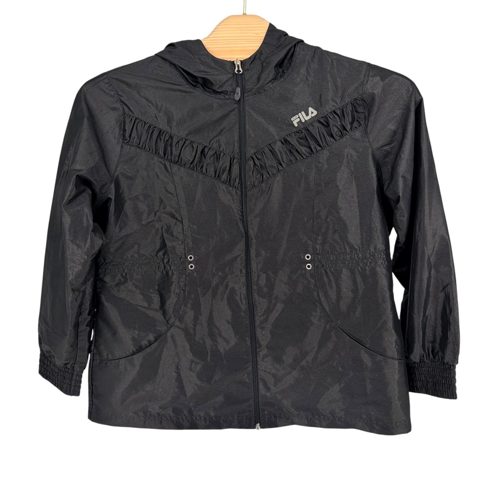 FILA Sport Windbreaker Jacket XL Black Ruffle Hooded Full Zip Lightweight